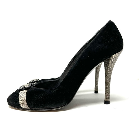 STUART WEITZMAN black suede, snakeskin, peep toe heels, made in Italy, size 8.5 - Picture 4 of 11